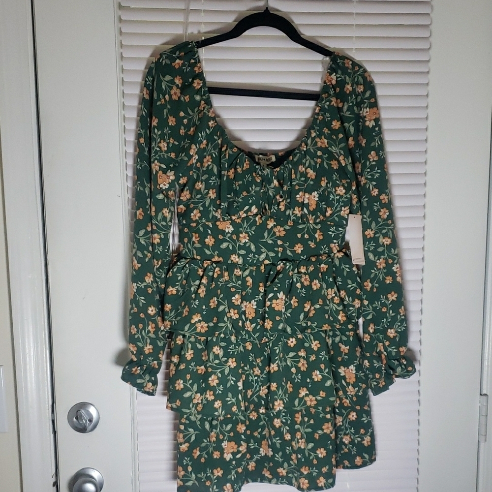 Inspired Hearts Green Floral Long Sleeve Ruffle Mini Dress – Size Large NWT - Picture 3 of 11
